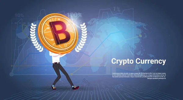 Crypto Currency Banner Man Holding Bitcoin d'oro su sfondo mappa del mondo Digital Web Money Concept — Vettoriale Stock