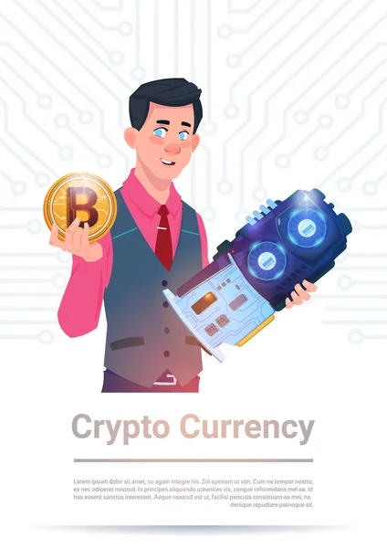 Uomo in possesso di microchip e Bitcoin sullo sfondo della scheda madre Concetto di valuta Crypto — Vettoriale Stock