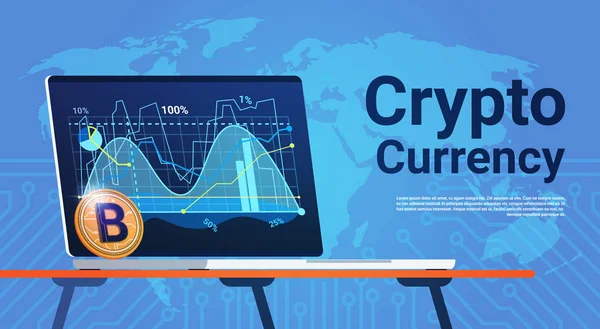 Bitcoin sur ordinateur portable sur carte du monde Digital Web Money Crypto Devise Concept — Image vectorielle