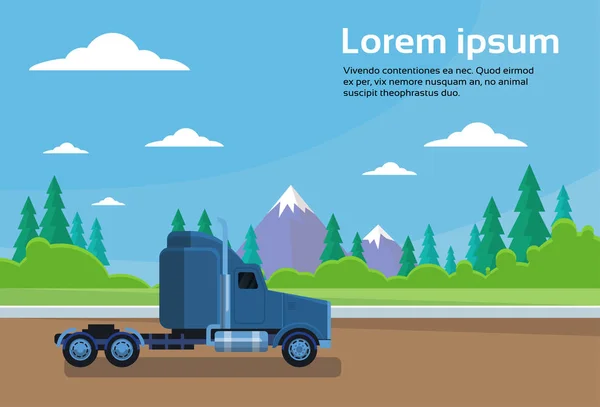 Caminhão reboque cabine na estrada sobre montanhas paisagem bandeira com espaço de cópia — Vetor de Stock
