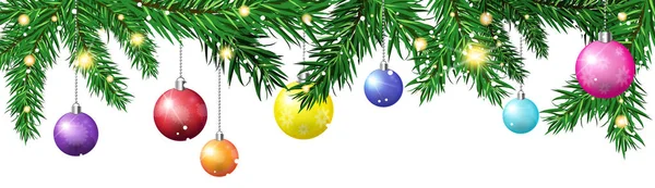 水平バナーの白い背景に分離されたカラフルなボールで飾られたクリスマス ツリーの緑のモミの枝 — ストックベクタ