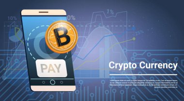 Düğme akıllı telefon Bitcoin simge dijital Kripto para Modern Web para kavramı üzerinde ödeme