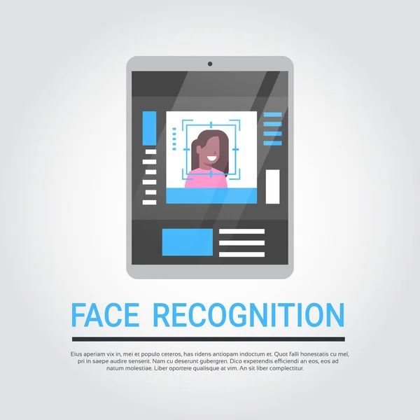 아프리카계 미국인 여성 사용자 생체 인식 개념을 스캔 하는 얼굴 인식 기술 디지털 태블릿 보안 시스템 — 스톡 벡터