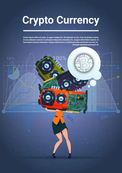 Mali çizelgeleri ile mavi arka plan üzerinde mikroçip Bitcoins kavramı dijital Kripto para Modern Web para tutan kadın