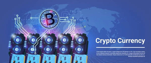 Kryptowährung Bitcoin Mining Landwirtschaft horizontal Banner Weltkarte Hintergrund digitales Web-Geld-Konzept — Stockvektor