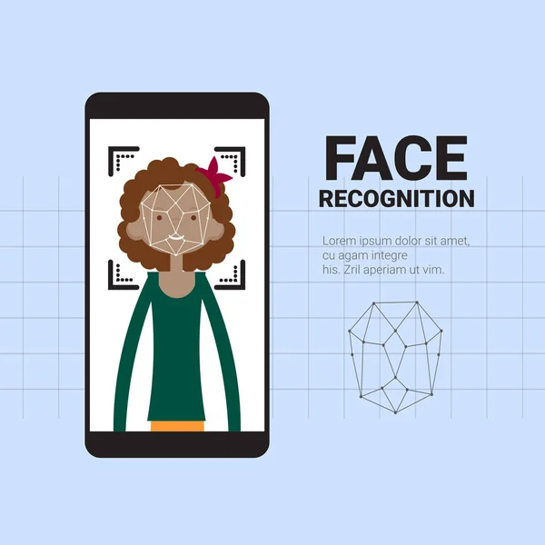 Akıllı telefon Afrikalı-Amerikalı kadın yüzü Modern tanıma sistem erişim denetim teknoloji Biometrical kimlik kavramı tarama — Stok Vektör