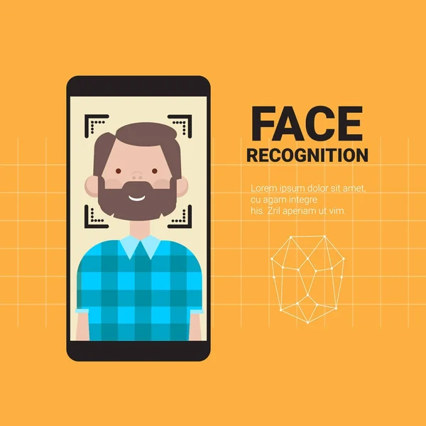 Smart Phone Scanning Homme Visage Système de reconnaissance moderne Technologie de contrôle d'accès Concept d'identification biométrique — Image vectorielle