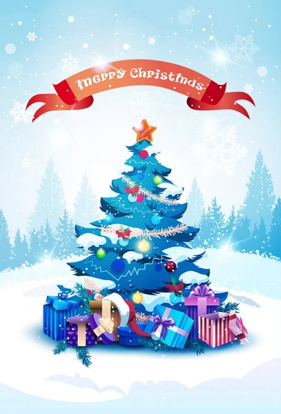 С рождественской открыткой Голубая сосна украшена красочными шариками над пейзажем зимнего леса — стоковый вектор