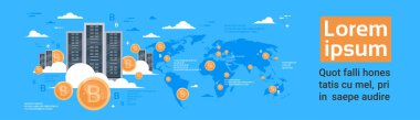Çiftlik kavramı dünya harita arka plan yatay Banner madencilik Bitcoin