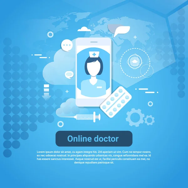 Online γιατρό ιατρική περίθαλψη εφαρμογή έννοια Web Banner με αντίγραφο χώρου — Διανυσματικό Αρχείο