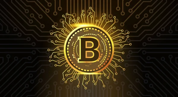 Golden Bitcoin Crypto Currency Icon Over Dark Circuit Background Modern Web Money Concept — Stock Vector