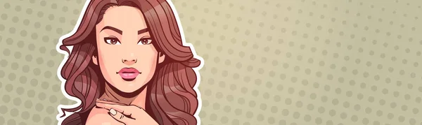 Krásná žena portrét atraktivní žena s dlouhými vlasy nad vinobraní Pop Art styl pozadí horizontální Banner s Copy prostor — Stockový vektor