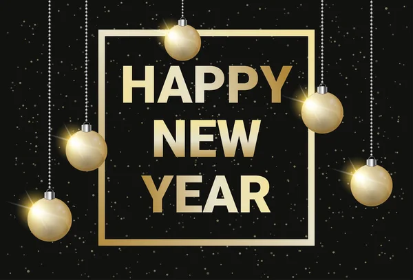 Šťastný nový rok zlatý Text na Černé září na pozadí s Sniny vánoční koule — Stockový vektor