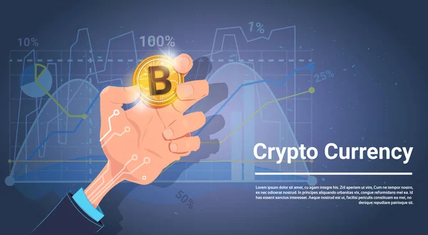 Ручной захват Bitcoin поверх графиков и графиков Фон Концепция цифровой крипто валюты — стоковый вектор