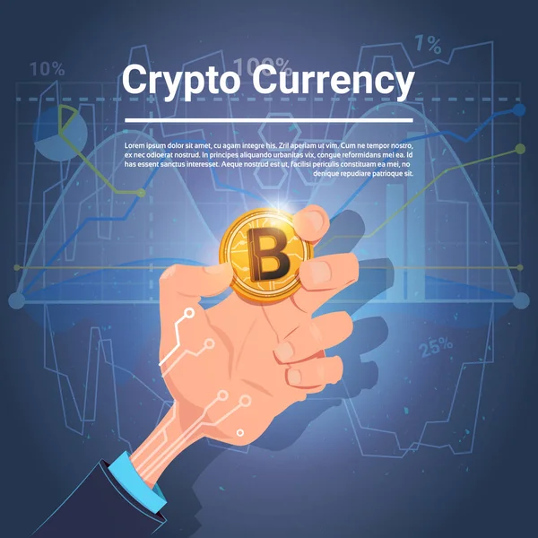 Hand Hold Golden Bitcoin Digital Currency Crypto Web Charts And Graphs Background — Stock Vector