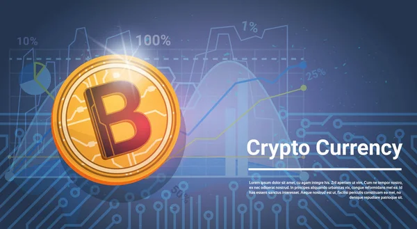 Sfondo blu moderno dei soldi di fotoricettore della moneta di Digital di Bitcoin dorato con i grafici ed il posto per il testo — Vettoriale Stock