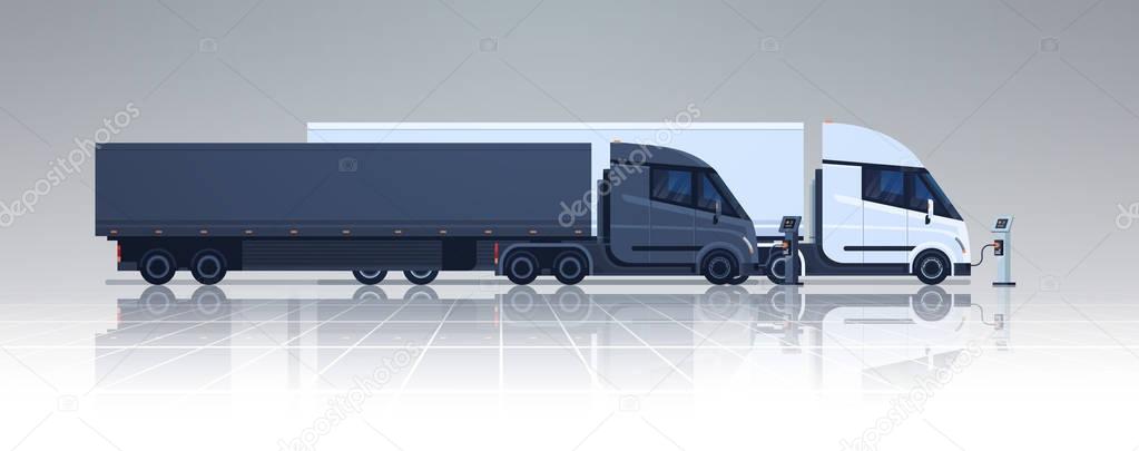 Big Lorry Semi Truck Trailers Charging At Electic Charger Station Banner Horizontal