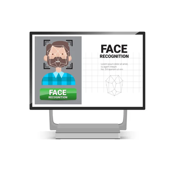 Système de contrôle d'accès de technologie d'identification de visage masculin d'utilisateur de balayage d'ordinateur Concept de reconnaissance biométrique — Image vectorielle