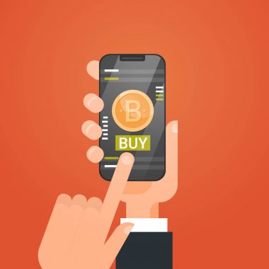 Akıllı telefon Modern Web para tutan Kripto para birimi teknoloji Bitcoin Exchange kavramı el satın
