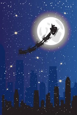 Noel Baba binme kızak geyikler Over Modern şehir arka plan Christmas dekorasyon ile Banner