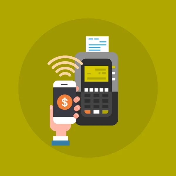 Homem de negócios mão segurar telefone inteligente fazendo Pos ícone de pagamento móvel — Vetor de Stock