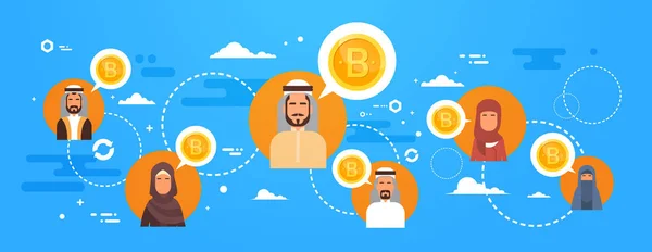 Les Arabes Achats Bitcoins Sur Carte du Monde Moderne Digital Money Network Crypto Devise Concept — Image vectorielle