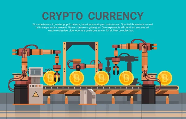 Konveyör teknolojisi Modern Web para kavramı madencilik Kripto para birimi üretim Bitcon — Stok Vektör
