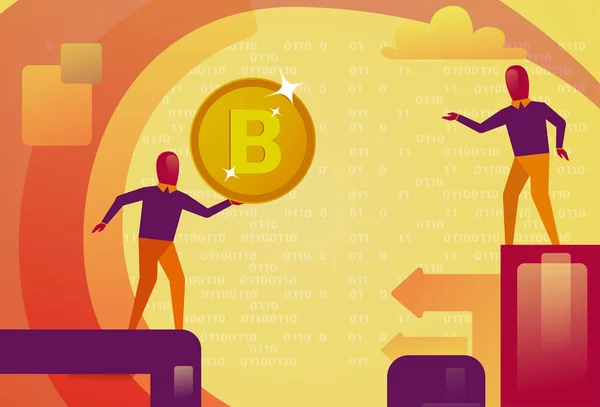 Bitcoin Mining Network Modern Crypto Currency Technology Man Holding Golden Coin Digital Web Money Concept — Stock Vector