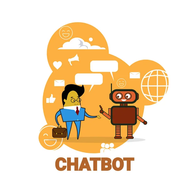 Hombre de negocios charlando con Chatbot Icon Chatter Bot Robot Support Concepto de tecnología moderna — Vector de stock