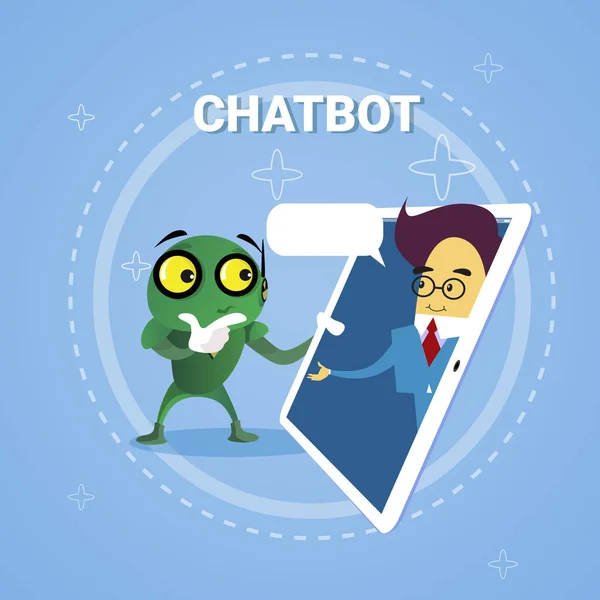 Homme d'affaires bavarder avec Chatbot grâce à la tablette numérique Chatter Bot Robot Support Concept de technologie moderne — Image vectorielle