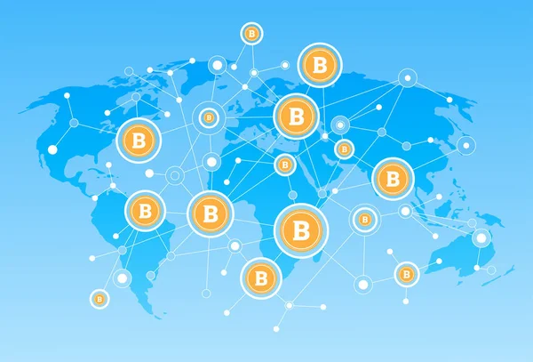 Bitcoin térkép hálózat Crypto valuta koncepció digitális Web pénz — Stock Vector