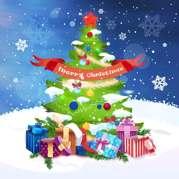 Árbol de Navidad decorado con la bandera feliz año nuevo sobre el cielo nocturno Fondo Tarjeta de felicitación de vacaciones — Vector de stock