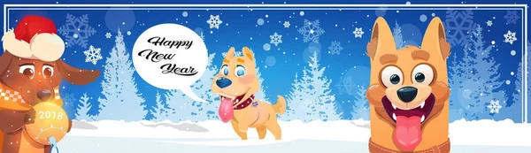 Happy Winter vakantie horizontale Banner met leuke honden Over besneeuwde Forest Nieuwjaars groeten Poster — Stockvector