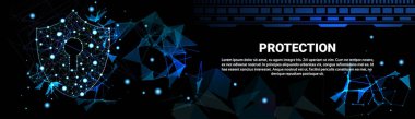 Veri güvenliği ve koruma yatay Banner koyu arka plan iş kavramı üzerinde çokgen kalkan