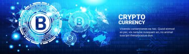 Kripto para birimi mavi dünya harita Modern Web para teknoloji yatay afiş Bitcoin işareti kavramı