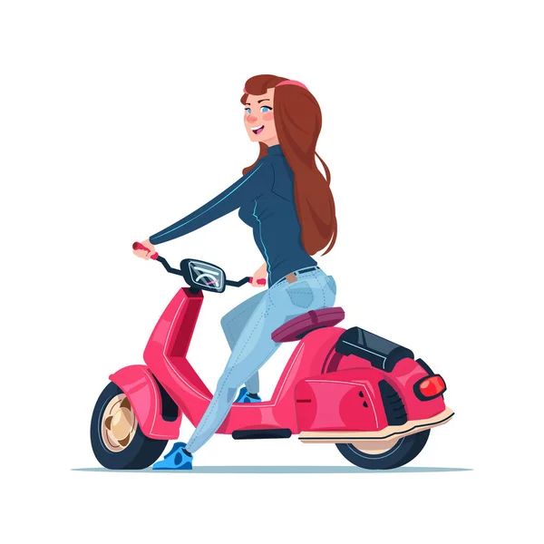 Chica joven que monta la motocicleta eléctrica de la vespa roja Vintage aislada en fondo blanco — Archivo Imágenes Vectoriales