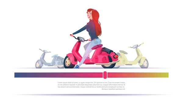 Genç kız elektrikli Scooter kırmızı Vintage motosiklet şablon afiş kopya alanı ile sürme — Stok Vektör