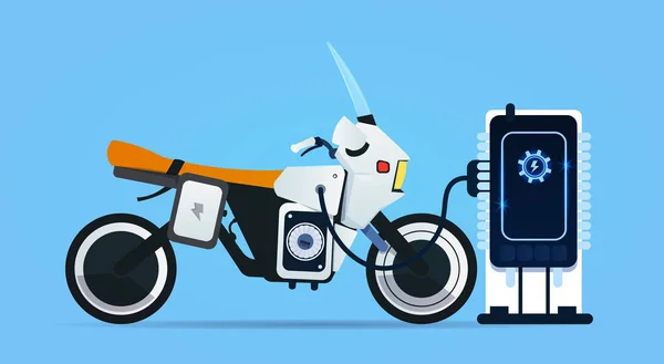 Carica ibrida della bici del motore al concetto moderno del motociclo della stazione di ricarica elettrica — Vettoriale Stock