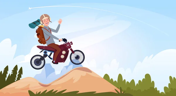 Man Riding Off Road Bike In Mountain Wear In Helmet Travel On Motorcycle Transport Concept - Stok Vektor