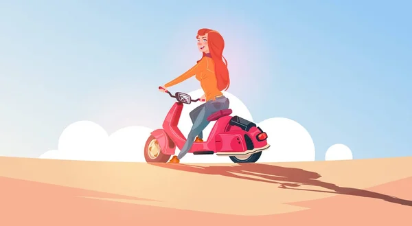 Young Girl Riding Electric Scooter Travel On Vintage Motorcycle Outdoors Over Blue Sky Landscape — Stock Vector