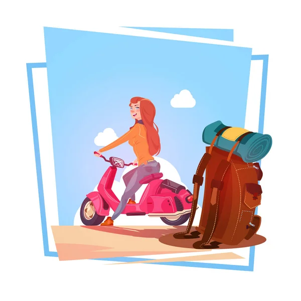 Νεαρό κορίτσι με σακίδιο ταξιδίου για ηλεκτρικά σκούτερ γυναίκα τουριστικής Ιππασίας Vintage μοτοσικλέτα πάνω από το γαλάζιο ουρανό τοπίο — Διανυσματικό Αρχείο