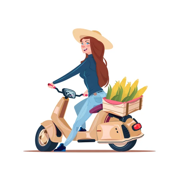 Femme agriculteur équitation scooter électrique avec récolte dans la boîte — Image vectorielle