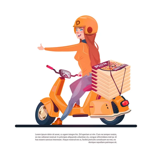 Pizza Delivery Service Young Girl Riding Electric Scooter Shipping Food From Restaurant Concept — Stock Vector