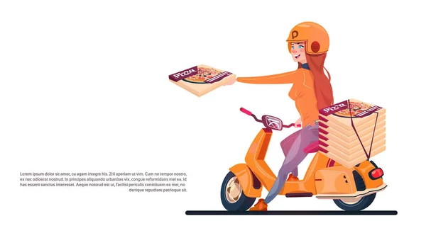 比萨饼送货服务年轻女孩骑电动滑板车的食品从餐厅横幅与复制空间 — 图库矢量图片