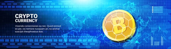 Goldene Bitcoin auf der Weltkarte horizontale Banner Web-Geld-Netzwerktechnologie Kryptowährung Konzept — Stockvektor