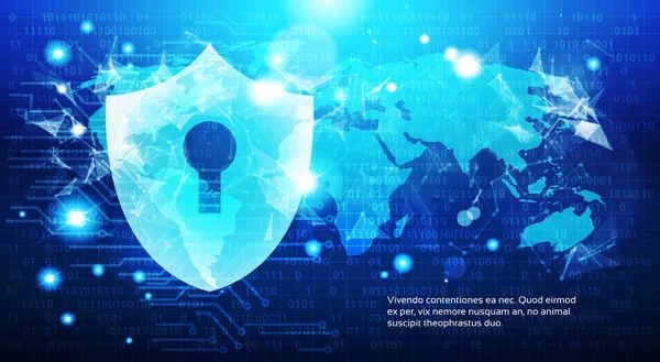 Schutzschild über Weltkarte Blue Circuit Hintergrund Geschäftskonzept der globalen Datensicherheit — Stockvektor