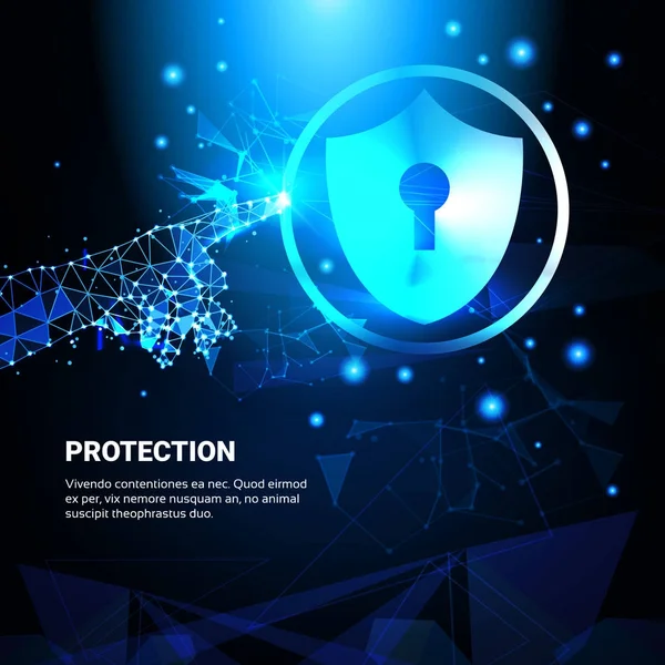 हाथ टच संरक्षण शील्ड ब्लू बहुभुज डेटा सुरक्षा की व्यावसायिक अवधारणा पर — स्टॉक वेक्टर