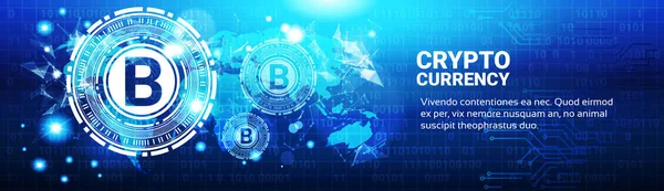 Crypto Concetto di valuta Bitcoin Accedi Mappa del mondo blu Tecnologia moderna dei soldi Web Banner orizzontale — Vettoriale Stock