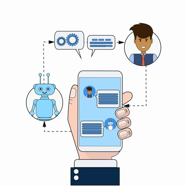 Obchodní muž komunikuje Chatbot pomocí chytrého telefonu moderní tlachání Tech podporu služby Online návrh technologie — Stockový vektor