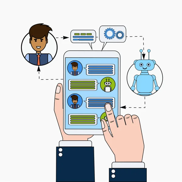 Hombre de negocios charlando con Chatbot sosteniendo la tableta digital, Moderno Chatter Technology Tech Support Service Concepto en línea — Archivo Imágenes Vectoriales